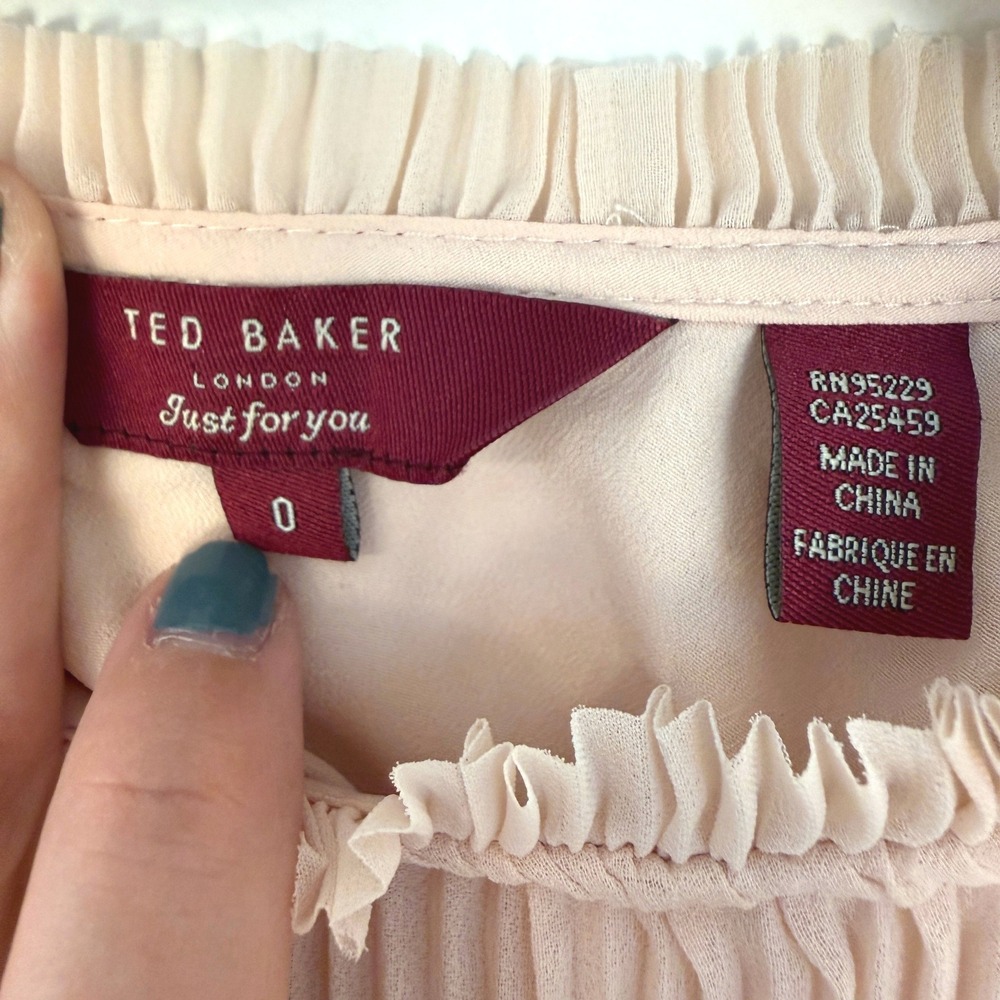 Ted Baker London Pleated Chiffon Blouse Women Size 0 Pink Peplum Sheer Sleeve - Picture 2 of 8